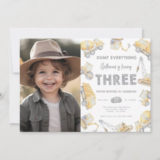 Bauwagen DREI 3. Geburtstag Party Einladung (Vorderseite)