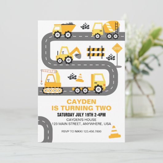 Bauwagen Einladung zum Geburtstag (Stehend Vorderseite)