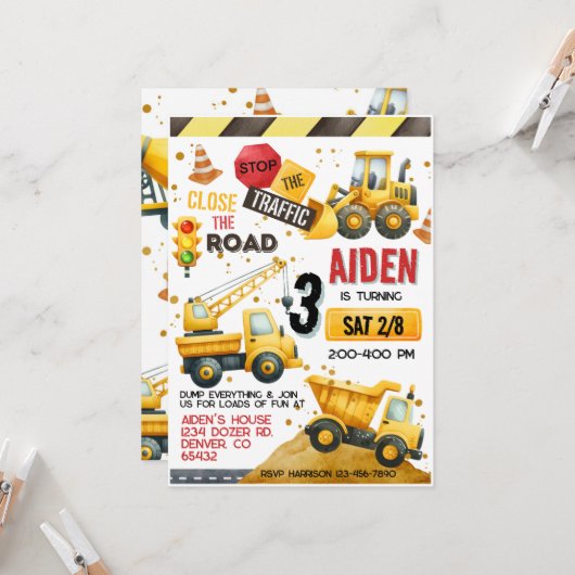 Bauwagen Einladung zum Geburtstag (Vorderseite/Rückseite Beispiel)