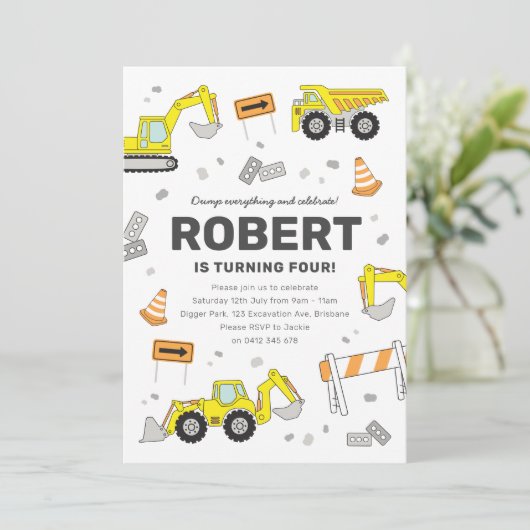 Bauwagen Einladung zur Geburtstagspartei (Stehend Vorderseite)