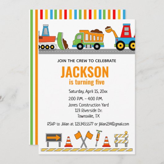 Bauwagen Einladung zur Geburtstagspartei (Vorne/Hinten)