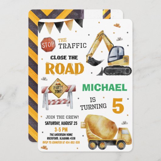 Bauwagen Einladung zur Geburtstagspartei (Vorne/Hinten)