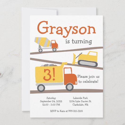 Bauwagen Einladung zur Geburtstagspartei (Vorderseite)