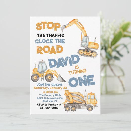 Bauwagen Erste Geburtstagspartei Einladung (Stehend Vorderseite)