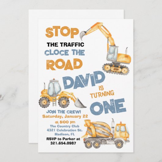 Bauwagen Erste Geburtstagspartei Einladung (Vorne/Hinten)