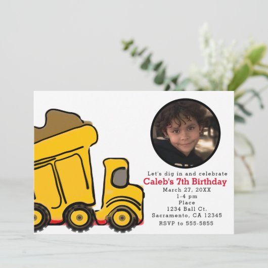 Bauwagen Foto Geburtstagsparty Einladung (Stehend Vorderseite)