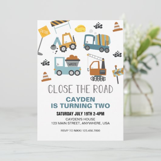 Bauwagen Geburtstag Einladung (Stehend Vorderseite)