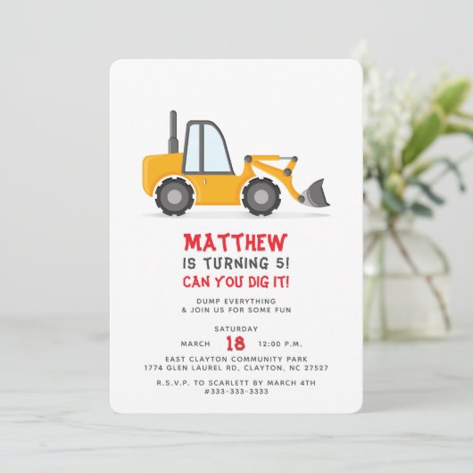 Bauwagen Geburtstag Einladung (Stehend Vorderseite)