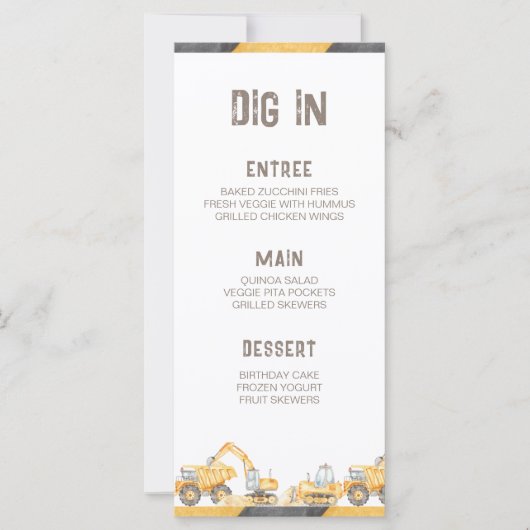 Bauwagen Geburtstagsparty Menü (Vorderseite)