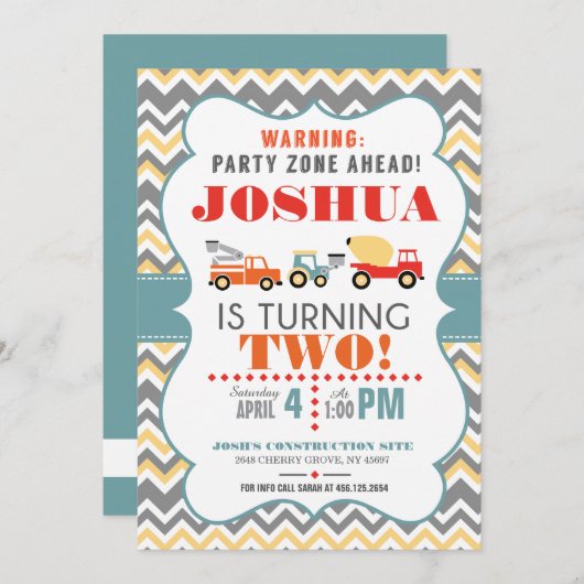 Bauwagen Zickzack Geburtstag Einladung (Vorne/Hinten)