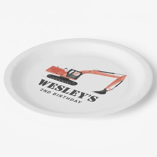 Bauwagenbagger Geburtstagspartei Pappteller (Schrägansicht)