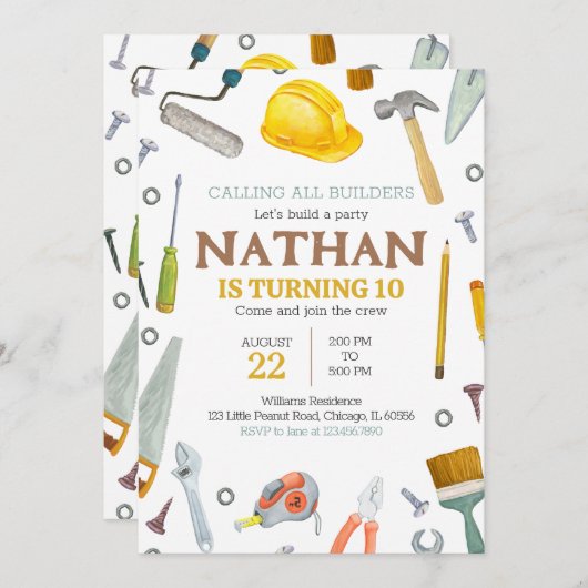 Bauwerkzeuge zum Geburtstag Einladung (Vorne/Hinten)