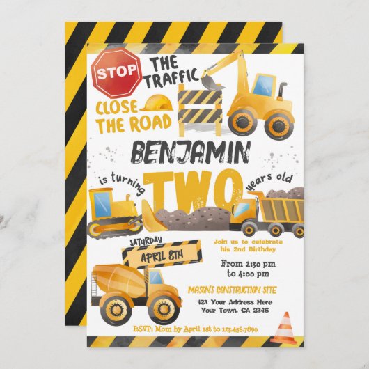 Bauwesen, Sprungwagen 2. Geburtstag Einladung (Vorne/Hinten)