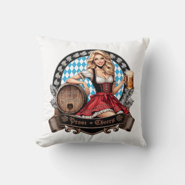Bavarian Festivals blondes Dirndl mit Prost Cheers Kissen (Vorderseite)