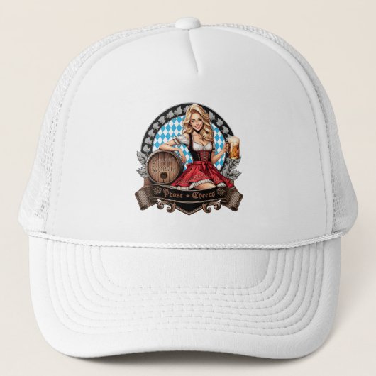 Bavarian Festivals blondes Dirndl mit Prost Cheers Truckerkappe (Vorderseite)