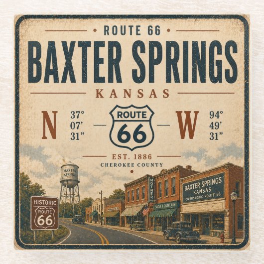 Baxter Springs 1886 Vintage Highway Kunst Glasuntersetzer (Vorderseite)