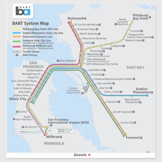 Bay Area Bart Train Map Aufkleber (Blatt)