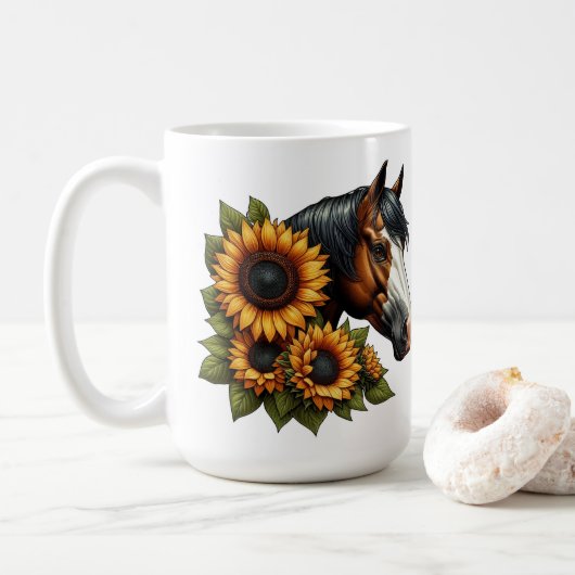 Bay Bald Gesicht Paint Horse mit Sonnenblumen Kaffeetasse (Mit Donut)