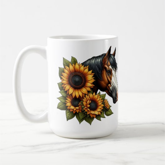 Bay Bald Gesicht Paint Horse mit Sonnenblumen Kaffeetasse (Links)