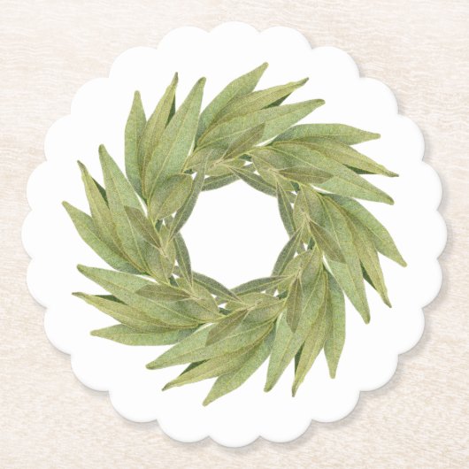 BAY BLÄTTER WREATH Scalloped Round Paper Untersetz Untersetzer (Vorderseite)