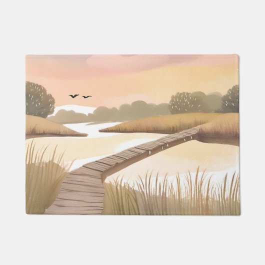 Bay Boardwalk | Airy Coastal Watercolor Painting Fußmatte (Vorderseite)