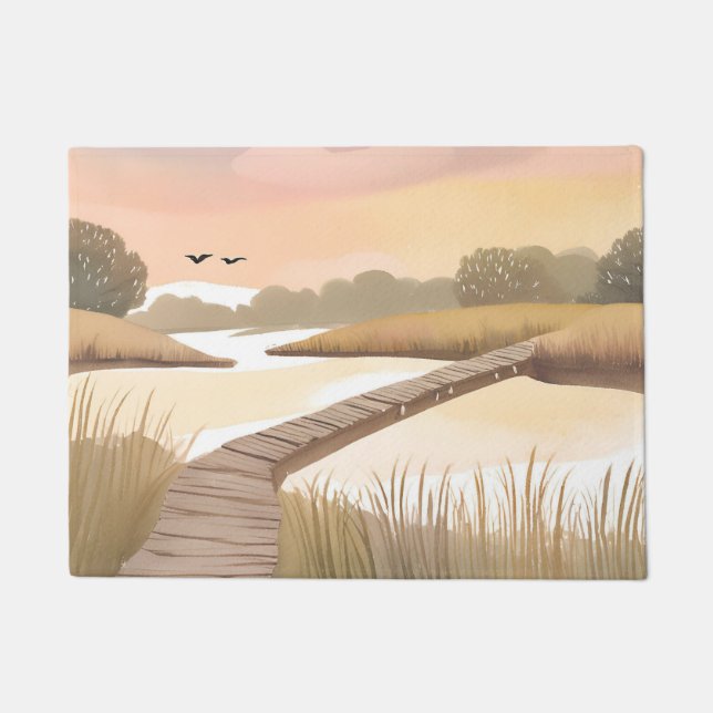 Bay Boardwalk | Airy Coastal Watercolor Painting Fußmatte (Vorderseite)