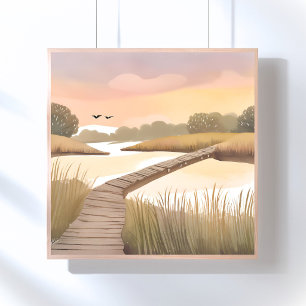Bay Boardwalk Luftige Küsten-Wasserfarbenmalerei Poster