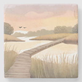 Bay Boardwalk | Luftige Küsten-Wasserfarbenmalerei Steinuntersetzer