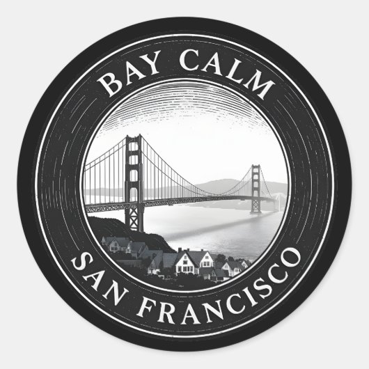 Bay Calm – Minimalist San Francisco Skyline Runder Aufkleber (Vorderseite)