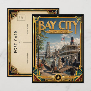 Bay City Michigan Vintage Art Deco Goldenes Zeital Postkarte