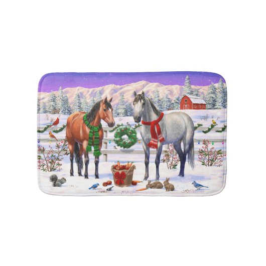 Bay & Dapple Gray Pferde in Schnee Weihnachtsfarm Badematte (Vorderseite)