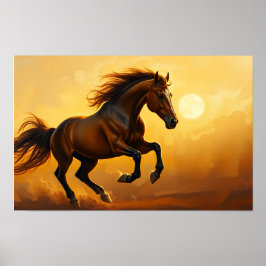 Bay Horse Gallops, Sunset Sky, Flowing Mane Poster