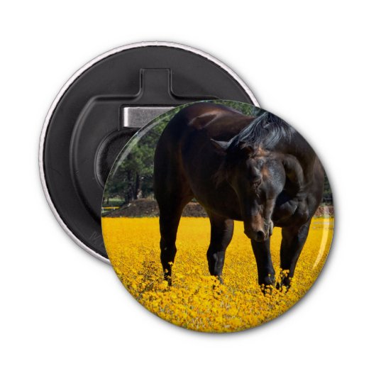 Bay Horse in einem Feld gelber Blumen Flaschenöffner (Vorderseite)