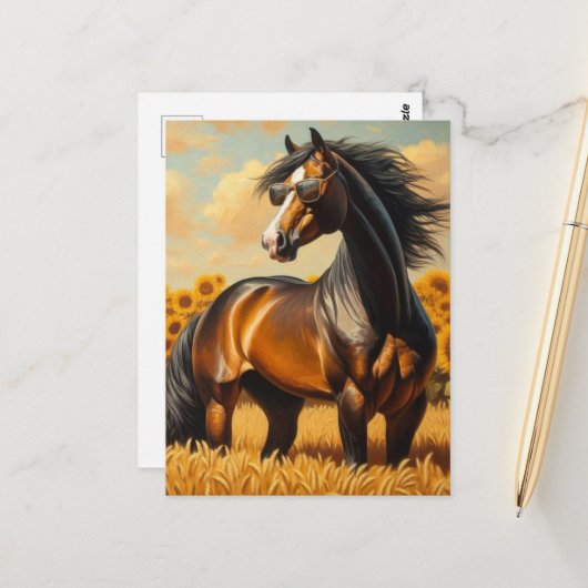 Bay Horse in Sonnenbrille Postkarte (Vorderseite/Rückseite Beispiel)