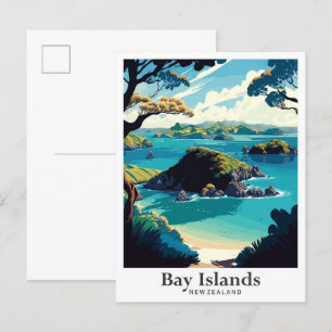 Bay Island Neuseeland Vintage Travel Illustration Postkarte