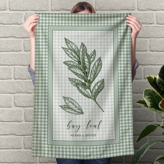 Bay Leaf Herb Kitchen Towel – Green Gingham Border Geschirrtuch