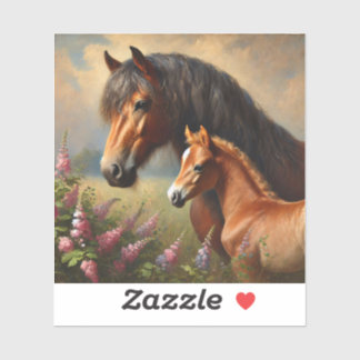 Bay Mare mit Foal-Wildblumen Aufkleber