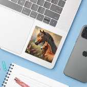 Bay Mare mit Foal-Wildblumen Aufkleber (Laptop mit iPhone)