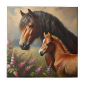 Bay Mare mit Foal-Wildblumen Fliese (Vorderseite)