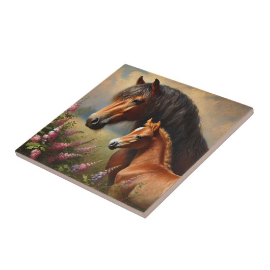Bay Mare mit Foal-Wildblumen Fliese (Seite)