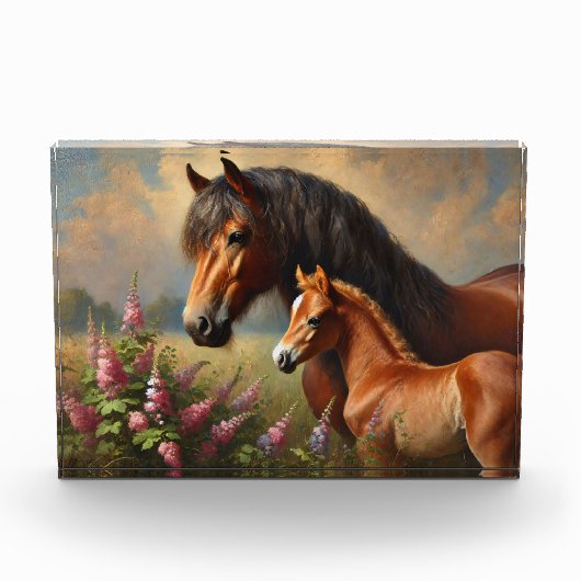Bay Mare mit Foal-Wildblumen Fotoblock (Vorderseite)