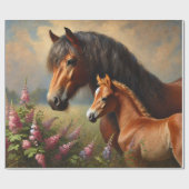 Bay Mare mit Foal-Wildblumen Geschenkpapier (Flach)