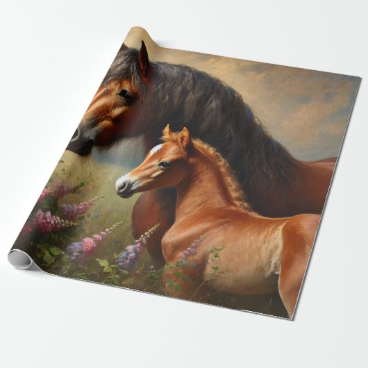 Bay Mare mit Foal-Wildblumen Geschenkpapier (Ungerollt)