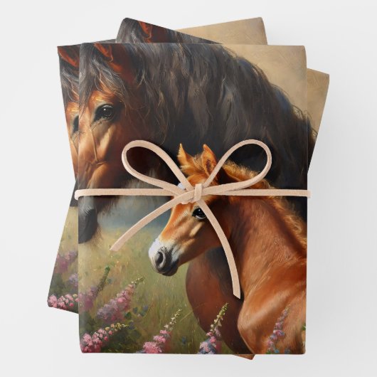 Bay Mare mit Foal-Wildblumen Geschenkpapier Set (Beispiel)