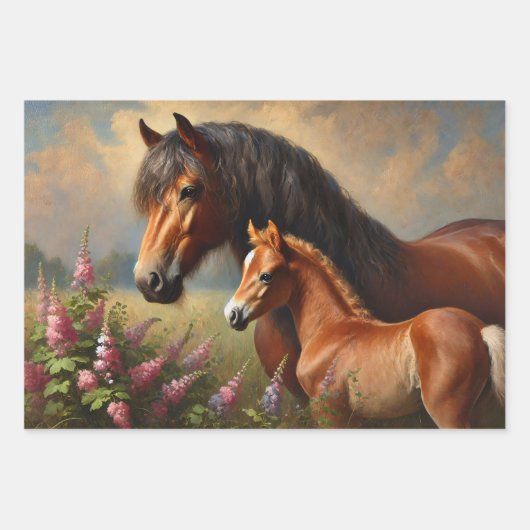 Bay Mare mit Foal-Wildblumen Geschenkpapier Set (Vorderseite)