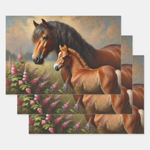 Bay Mare mit Foal-Wildblumen Geschenkpapier Set