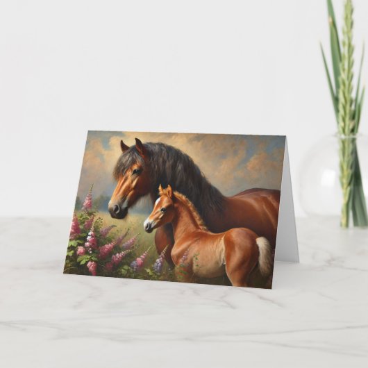 Bay Mare mit Foal-Wildblumen Karte (Vorderseite)