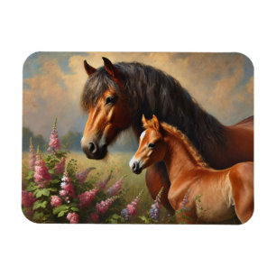 Bay Mare mit Foal-Wildblumen Magnet