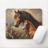 Bay Mare mit Foal-Wildblumen Mousepad (Mit Mouse)