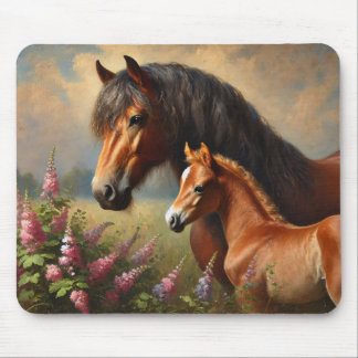 Bay Mare mit Foal-Wildblumen Mousepad